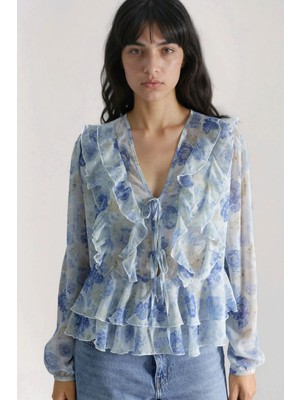 Hiccup Kadınlar Fırfırlı V Yaka Desenli Bluz Maya Mavisi