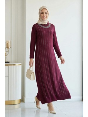 Kadın Bordo Kristal Kumaş Taş Detaylı Uzun Tesettür Elbise