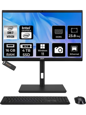 Acer Veriton i7 14700 All In One Bilgisayar 16GB RAM 4TB SSD 23.8" FHD Win11 Pro + Per4 USB DQR1TSG003P390