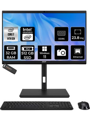 Acer Veriton i7 14700 All In One Bilgisayar 32GB RAM 512GB SSD 23.8" FHD Win11 Pro + Per4 USB DQR1TSG003P397