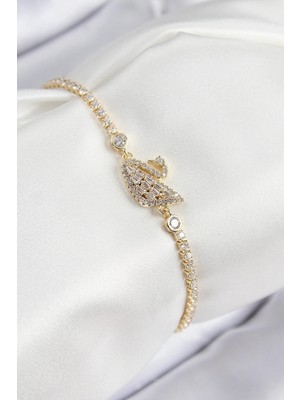 Bazarhane Pirinç Zirkon Taşlı Kuğu Model Gold Renk Kadın Bileklik