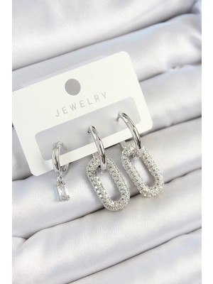 Bazarhane Pirinç Zirkon Taşlı Dikdörtgen Model Gümüş Renk 3'lü Çift Kadın Küpe Set