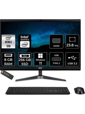 Acer Veriton Core Ultra 5 125U All In One Bilgisayar 8GB RAM 256GB SSD 23.8" FHD Win11 Pro + Per4 USB DQR2REM001P391