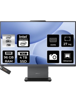 Lenovo Thinkcentre Neo 50A Intel Core 5 210H 96GB 4tb SSD 27" Fhd Fdos All In One Bilgisayar & Per4 USB Bellek 12SAA05QTRP340