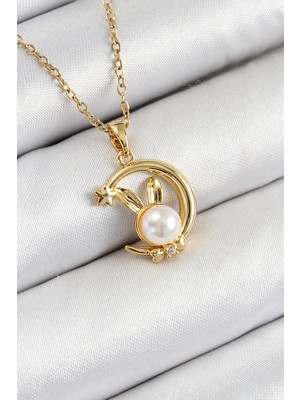 Bazarhane 316L Çelik Inci Detaylı Hilal Tavşan Model Gold Renk Kadın Kolye