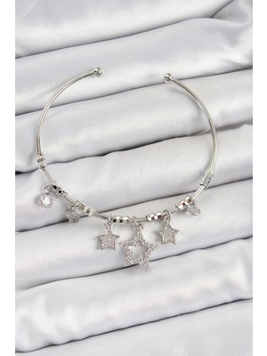 Bazarhane Pirinç Zirkon Taşlı Yıldız Model Gümüş Renk Charm Bileklik