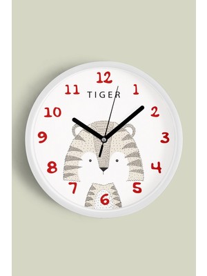 JHAAR Sevimli Kaplan Tasarımlı Çocuk Odası Duvar Saati - 25CM - Önü Camlı Beyaz Kasa