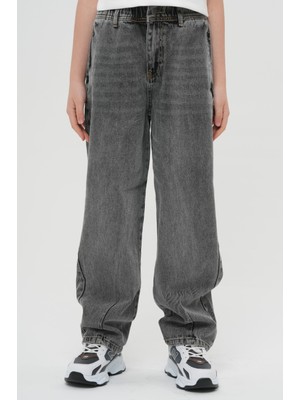 Haykids Unisex Çocuk Dizden Dikişli Geniş Paça Bol Kesim Wide Leg Baggy Alt Giyim Denim Kot Pantolon