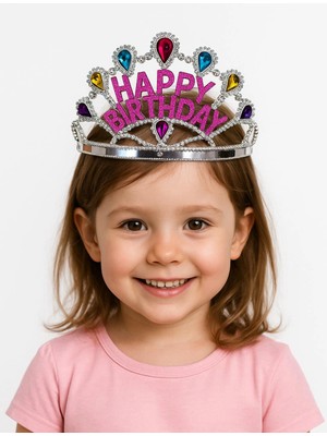 Esranın Dünyası Gümüş Renk Happy Birthday Yazılı Doğum Günü Tacı 60 cm