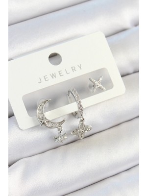 Bazarhane Pirinç Zirkon Taşlı Çiçek ve Ay Model Gümüş Renk 3'lü Çift Kadın Küpe Set