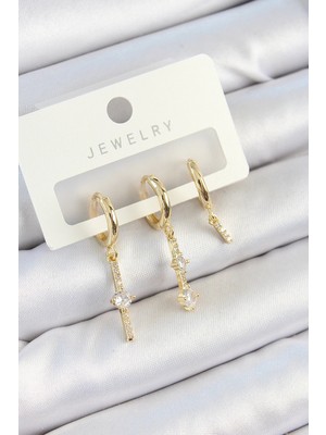 Bazarhane Pirinç Zirkon Taşlı Sallantılı Model Gold Renk 3'lü Çift Kadın Küpe Set