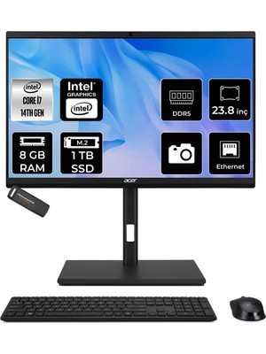 Acer Veriton Intel Core I7 14700 8gb 1tb SSD 23.8" Fhd Fdos All In One Bilgisayar & Per4 USB Bellek DQR1TSG003P303