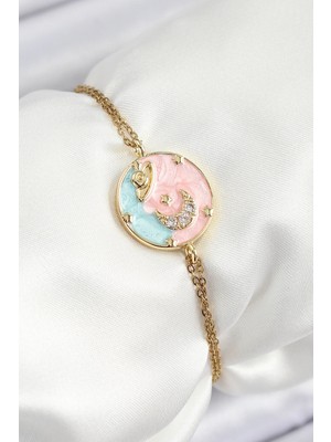 Bazarhane 316L Çelik Zincir Mineli Sanatsal Portre Zirkon Taşlı Gezegen Model Gold Renk Kadın Bileklik