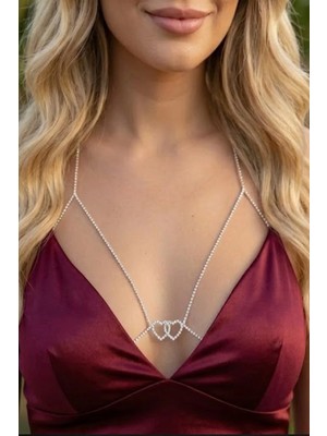 Caş Dekorasyon Gümüş Renk Taşlı Kalpli Vücut Aksesuarı