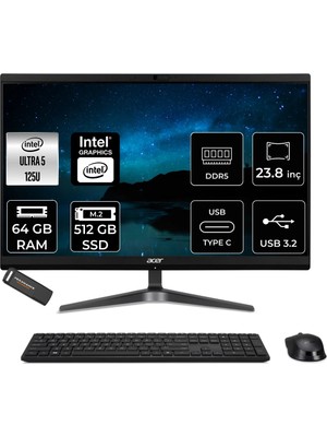 Acer Veriton Intel Core Ultra 5 125U 64GB 512GB SSD 23.8" Fhd Fdos All In One Bilgisayar & Per4 USB Bellek DQR2REM001P332