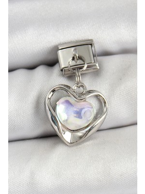 Bazarhane 316L Çelik Sallantılı Zirkon Taşlı Kalp Model Gümüş Renk Nomination Charm
