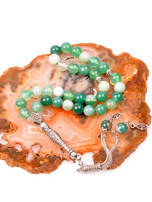 Taş Sandığı Yeşil Hareli Akik Taşı Tesbih - 8 mm