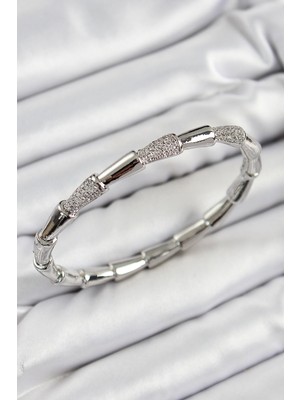 Bazarhane Pirinç Zirkon Taşlı Kemik Model Gümüş Renk Vip Kadın Bileklik