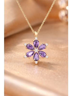 Genel Mor Taşlı Lotus Çiçeği Çelik Kolye | Altın Renk | Zirkon Taşlı | Kararmaz & Alerji Yapmaz
