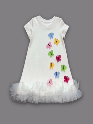 DMR Elegance 1-2-3 Yaş Renkli Kelebekler Nakışlı Eteği Fırfırlı Jile Çocuk Elbisesi Beyaz