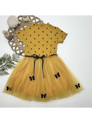 DMR Elegance 5-6-7 Yaş Puantiyeli Kelebek Etekli Astarlı Kız Çocuk Elbisesi Hardal