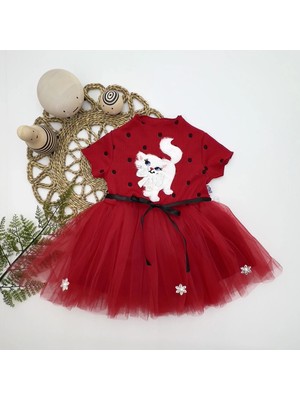 DMR Elegance 1-2-3 Yaş Payetli Kedicik Baskılı Puantiyeli Kız Bebek Elbisesi Kırmızı