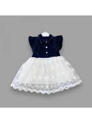 DMR Elegance 2-3-4 Yaş Astarlı Brode Etekli Kot Kumaş Düğmeli Kız Çocuk Elbisesi Lacivert