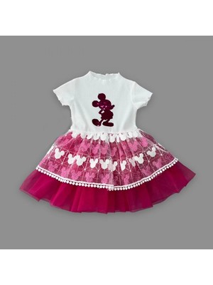 DMR Elegance 1-2-3 Yaş Payetli Mickey Baskılı Brode Etekli Kız Bebek Elbisesi Fuşya