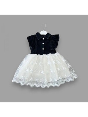 DMR Elegance 2-3-4 Yaş Astarlı Brode Etekli Kot Kumaş Düğmeli Kız Çocuk Elbisesi Siyah