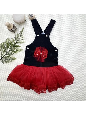 DMR Elegance 2-3-4 Yaş Fiyonklu Düğme Detaylı Tül Etek Kot Kumaş Salopet Kız Çocuk Elbisesi Siyah-Kırmızı