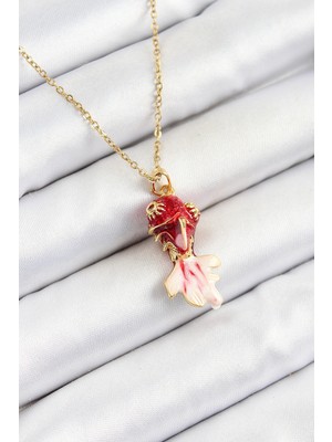 Bazarhane 316L Çelik Zincir Kırmızı Balık Model Gold Renk Kadın Kolye