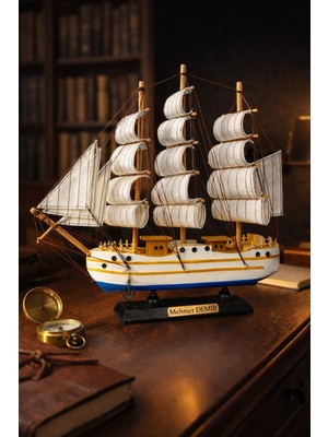 Kesene Isime Kişiye Özel Dekoratif Premium Ahşap El Yapımı Yelkenli Gemi Maketi 33X33 cm Biblo Hediye 531-A