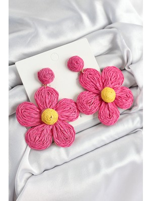 Bazarhane Pirinç Pembe Papatya Model Gold Renk Kadın Hasır Küpe