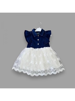 DMR Elegance 2-3-4 Yaş Astarlı Brode Etekli Kot Kumaş Düğmeli Kız Çocuk Elbisesi Mavi