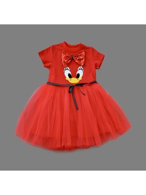 DMR Elegance 1-2-3 Yaş Payet Fiyonk Tokalı Ördek Nakışlı Astarlı Kız Bebek Tütü Elbisesi Kırmızı