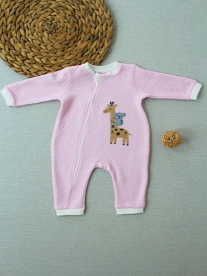 DMR Elegance 6-9 12-18 18-24 24-36 Ay Animal Nakışlı Bal Peteği Kumaş Es Fermuarlı Kız Bebek Tulumu Pembe