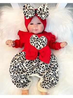 DMR Elegance Leopar Desenli Fiyonklu % 100 Pamuk Kız Bebek Tulum