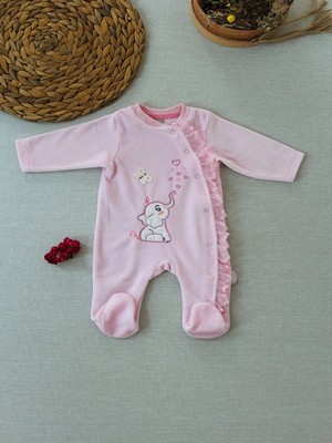 DMR Elegance 3-6 6-9 9-12 Ay Romantik Fil Nakışlı Pembe Süslü Kız Bebek Tulumu Pembe