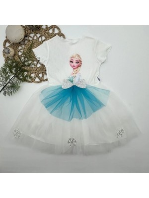 DMR Elegance 5-6-7 Yaş Elsa Desenli Fiyonklu Tül Etekli Astarlı Kısa Kollu Kız Çocuk Tütü Elbise Beyaz