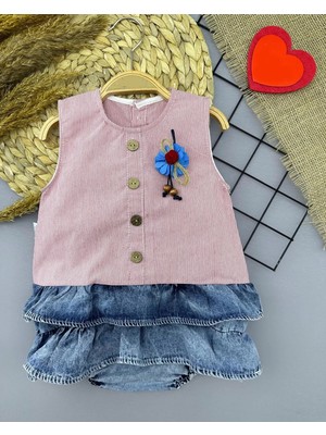 DMR Elegance 6-9-12-18 Ay Gül Rozet Detaylı Kot Kilotlu Etek Kız Bebek Elbisesi Gül Kurusu