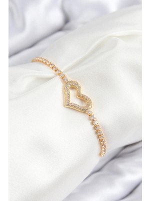 Bazarhane Pirinç Zirkon Taşlı Kalp Model Gold Renk Asansörlü Kadın Bileklik