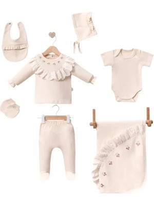 DMR Elegance Dantel Işlemeli Lale Desenli 7 Parça Hastane Çıkış Seti %100 Pamuk