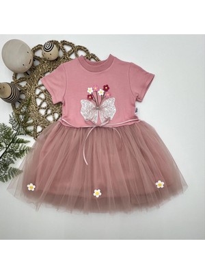 DMR Elegance 1-2-3 Yaş Tül Fiyonk Çiçekler Nakışlı Astarlı Kız Bebek Tütü Elbisesi Pudra