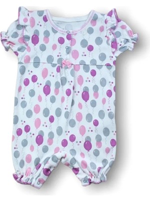 DMR Elegance 9-12 12-18 18-24 Ay Cemre Uçan Balon Baskılı Kısa Kollu Kız Bebek Tulumu Ekru