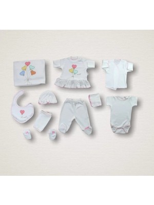 DMR Elegance Kalpli Uçan Balon Nakışlı  10LU Zıbın Takımı Hastane Çıkışı Ekru