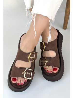 Shoegar Coer Kahverengi Süet Çift Tokalı Terlik