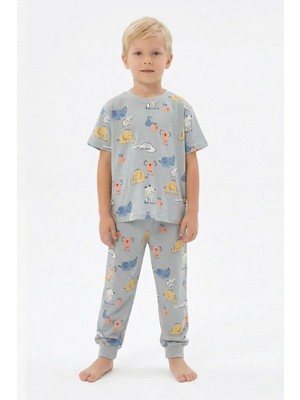 Bunny Hopp Erkek Çocuk %100 Pamuk Süprem Pijama Takımı - Kısa Kollu Manşetli Yazlık Pijama - Gri Hayvan Desenli
