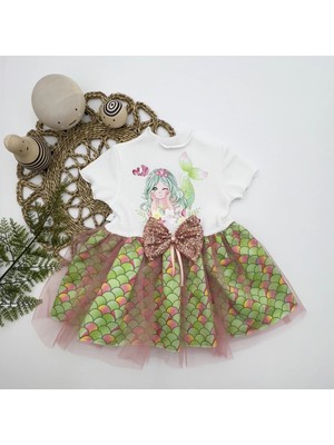 DMR Elegance 1-2-3 Yaş Denizkızı Baskılı Pul Desen Etekli Kız Bebek Elbisesi Ekru