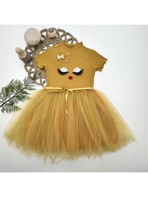 DMR Elegance 5-6-7 Yaş Payetli Süslü Yüz Baskılı Kız Çocuk Elbisesi Hardal