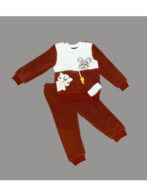 DMR Elegance 1-2-3 Yaş Sallanan Balık Nakışlı Kuzu Kumaş Sweat Pantolon Uzun Kollu Kız Erkek 2 Li Takımı Kahverengi